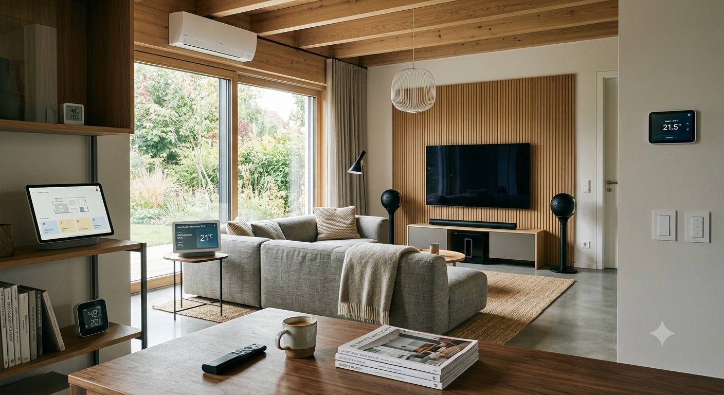 Modernes Wohnzimmer mit vernetzter Smart-Home-Technik